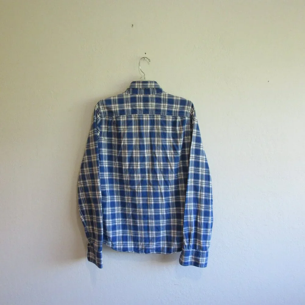 Abercrombie & Fitch Muscle Blue Plaid Flannel M Button Casual Shirt - Picture 3 of 4